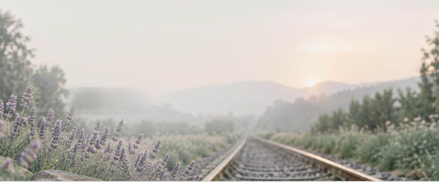 Una via de tren entre camps d’espígol, amb muntanyes i boira de capvespre al fons.